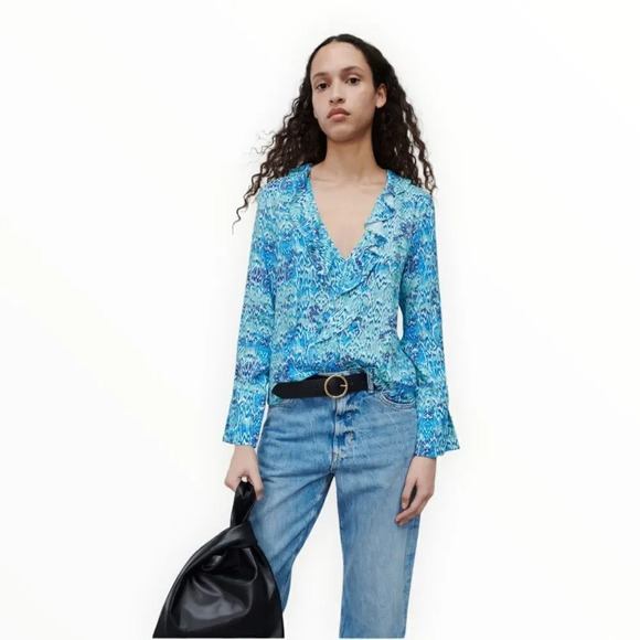 ZARA | Blue | RUFFLED ANIMAL PRINT BLOUSE - Picture 7 of 13